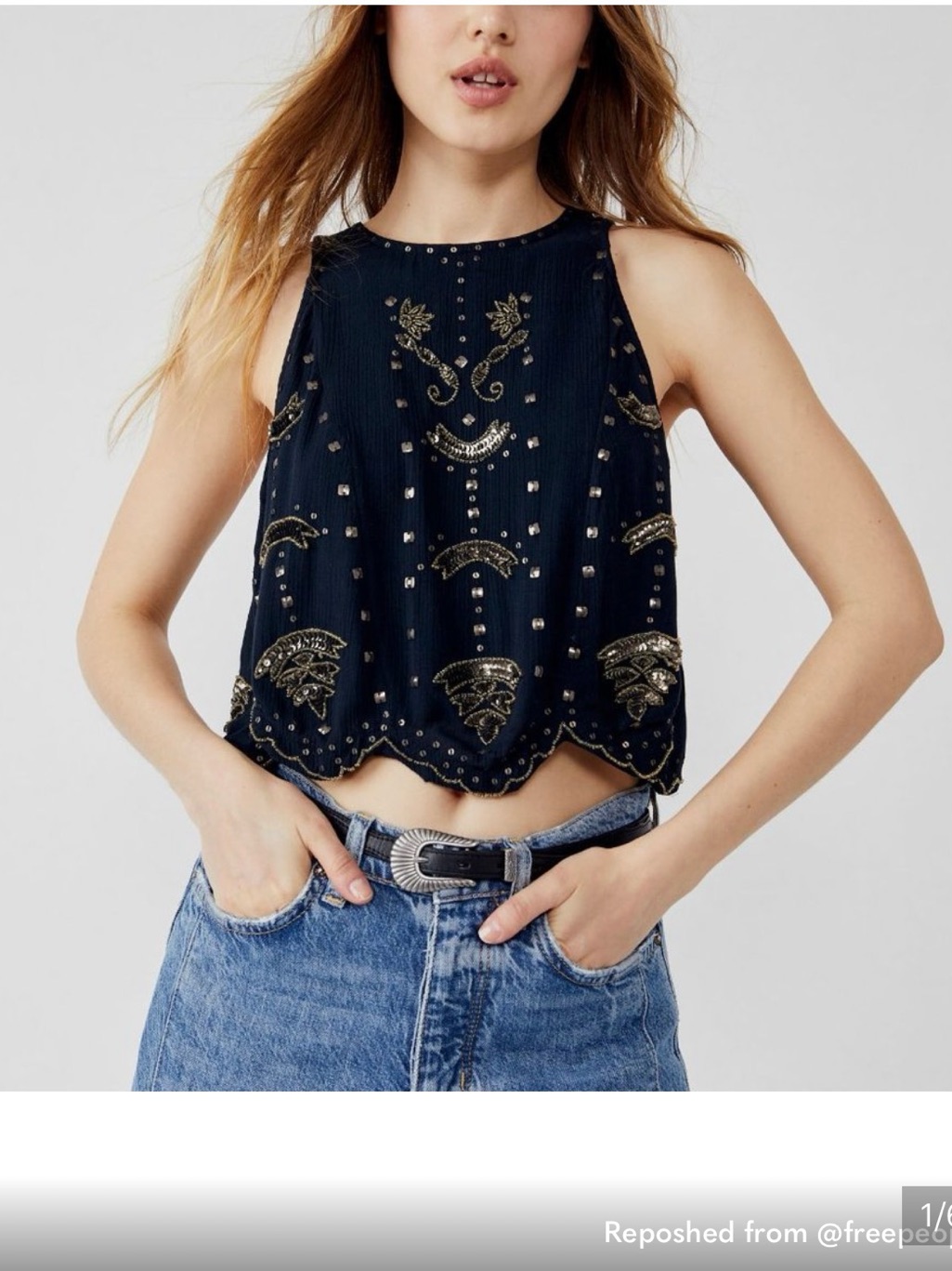 Free People Navy Cropped Embellished Tank With Gold Accents